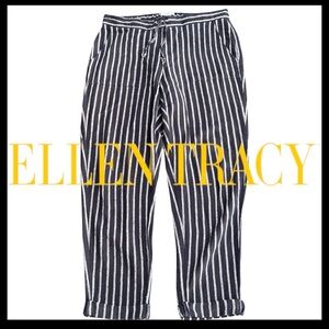 Ellen Tracy Navy/White Stripe Linen Blend Drawstring Cuffed Jogger Pant (M)